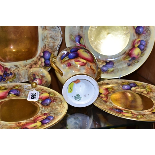 365 - FIVE PIECES OF AYNSLEY FRUIT PATTERN CHINA, bearing D. Jones signatures, comprising a twin handled u... 