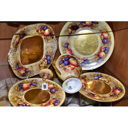 365 - FIVE PIECES OF AYNSLEY FRUIT PATTERN CHINA, bearing D. Jones signatures, comprising a twin handled u... 