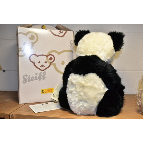 371 - A BOXED STEIFF 'PANDA TED', black and white acrylic mix, jointed, yellow label, model no.010637, wit... 