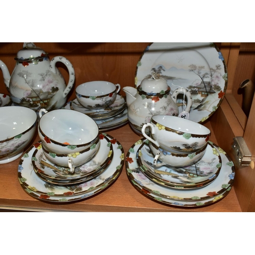 387 - AN EARLY 20TH CENTURY JAPANESE EGGSHELL PORCELAIN FORTY PIECE TEA SERVICE, decorated with traditiona... 