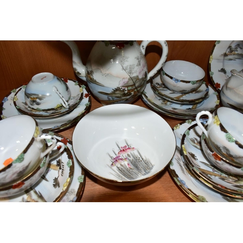 387 - AN EARLY 20TH CENTURY JAPANESE EGGSHELL PORCELAIN FORTY PIECE TEA SERVICE, decorated with traditiona... 