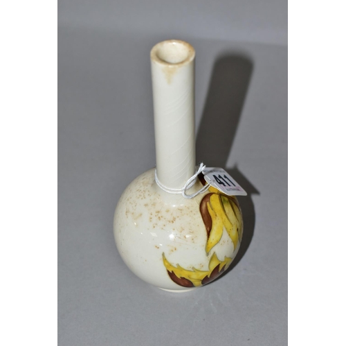 411 - A MOORCROFT POTTERY BUD VASE, 'Leaves in the Wind' yellow and brown leaf pattern on a cream ground, ... 