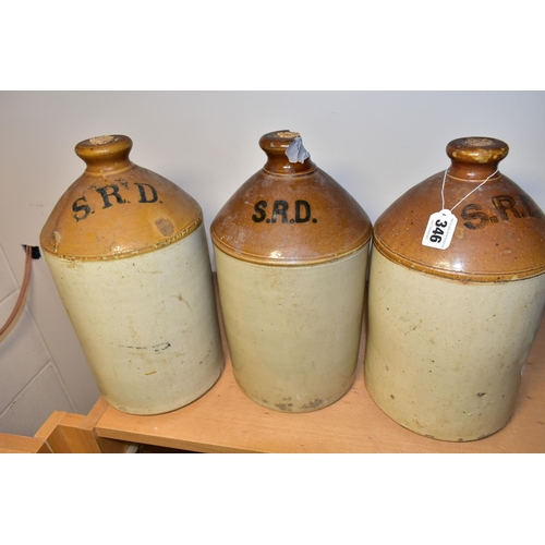 346 - THREE STONEWARE FLAGONS PRINTED S.R.D. TO THE SHOULDER, one having a 'W' impressed maker's stamp tow... 