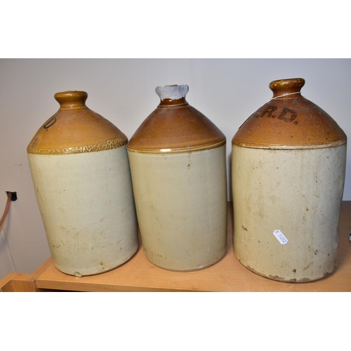 346 - THREE STONEWARE FLAGONS PRINTED S.R.D. TO THE SHOULDER, one having a 'W' impressed maker's stamp tow... 