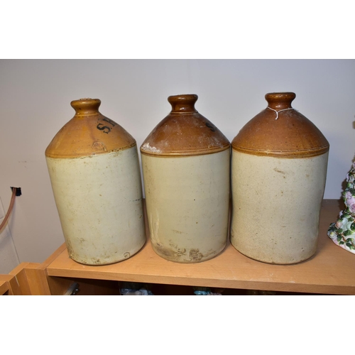 346 - THREE STONEWARE FLAGONS PRINTED S.R.D. TO THE SHOULDER, one having a 'W' impressed maker's stamp tow... 