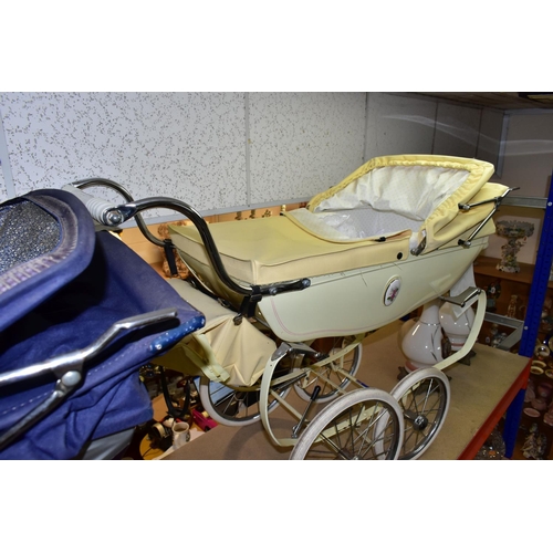 417 - TWO SILVERCROSS DOLL'S PRAMS, one lemon with pink detail and flowered decal with a matching storage ... 