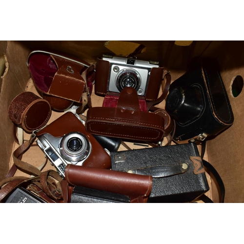 423 - ONE BOX OF ASSORTED CAMERAS, to include a USSR Zorki-4 camera with a Jupiter 8 lens, in a black leat... 