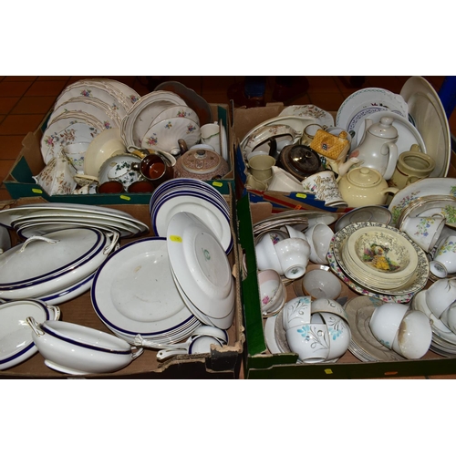 425 - FOUR BOXES OF CERAMICS, to include teapots, dinner plates, china tea wares, a Parrott & Co teapot an... 