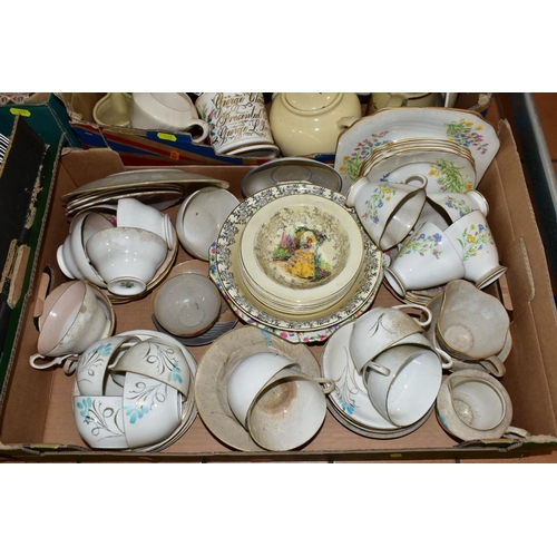 425 - FOUR BOXES OF CERAMICS, to include teapots, dinner plates, china tea wares, a Parrott & Co teapot an... 