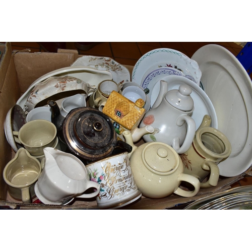 425 - FOUR BOXES OF CERAMICS, to include teapots, dinner plates, china tea wares, a Parrott & Co teapot an... 