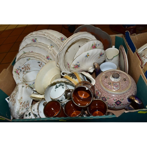 425 - FOUR BOXES OF CERAMICS, to include teapots, dinner plates, china tea wares, a Parrott & Co teapot an... 