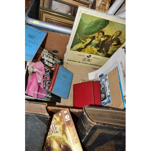 426 - FIVE BOXES OF BOOKS, PICTURES AND LAMPS, to include a set of brass wall lights with glass shades, a ... 