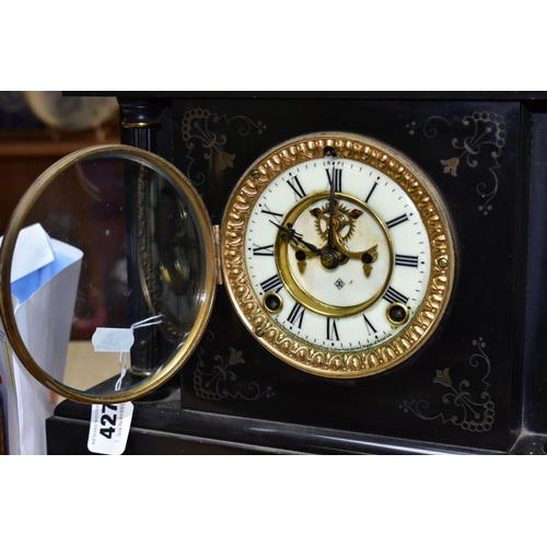 427 - TWO MANTEL CLOCKS BOTH WITH KEYS AND PENDULUMS,  comprising an Art Deco style wooden and chrome case... 