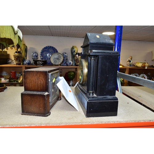 427 - TWO MANTEL CLOCKS BOTH WITH KEYS AND PENDULUMS,  comprising an Art Deco style wooden and chrome case... 