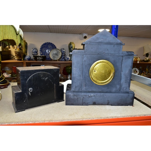 427 - TWO MANTEL CLOCKS BOTH WITH KEYS AND PENDULUMS,  comprising an Art Deco style wooden and chrome case... 