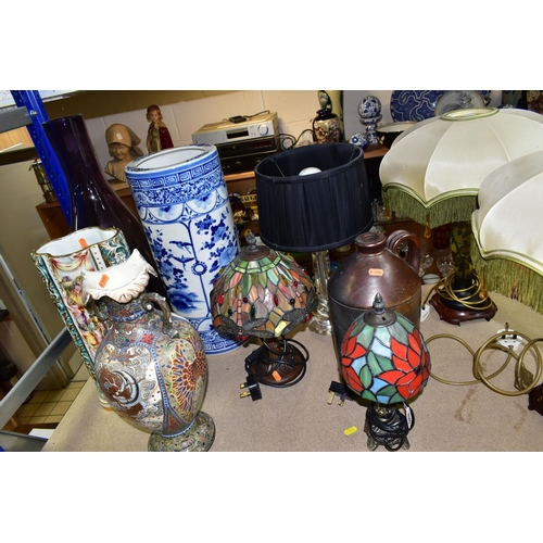 428 - A GROUP OF LAMPS AND LARGE VASES,  comprising a pair of French Art Deco style table lamps, pale gree... 