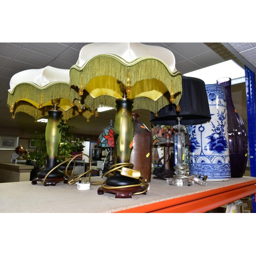 428 - A GROUP OF LAMPS AND LARGE VASES,  comprising a pair of French Art Deco style table lamps, pale gree... 