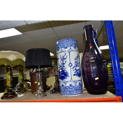 428 - A GROUP OF LAMPS AND LARGE VASES,  comprising a pair of French Art Deco style table lamps, pale gree... 