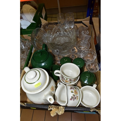 430 - THREE BOXES OF CERAMICS AND CUT CRYSTAL, to include M&S 'Autumn Leaves' pattern by Hornsea tea wares... 