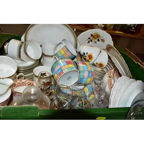 430 - THREE BOXES OF CERAMICS AND CUT CRYSTAL, to include M&S 'Autumn Leaves' pattern by Hornsea tea wares... 