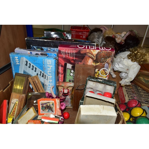 432 - FOUR BOXES OF VINTAGE BOARD GAMES, JIGSAWS AND DOLLS, to include three boxed 'Neon Colour' air hocke... 