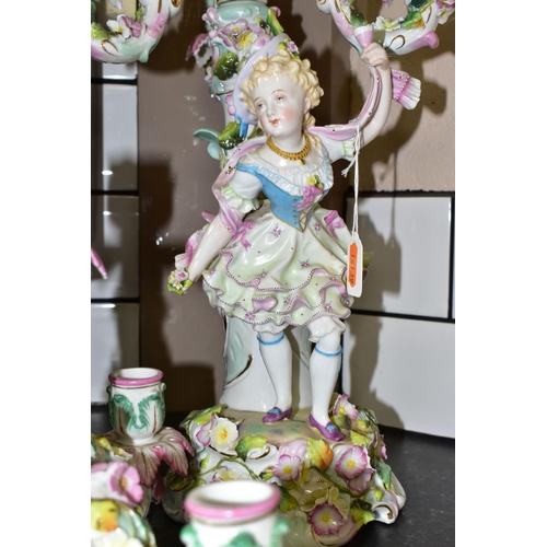 435 - TWO EARLY 20TH CENTURY FOUR LIGHT FIGURAL CANDELABRA, Continental porcelain in need of restoration, ... 