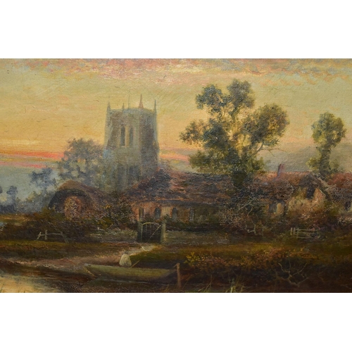 471 - WILLIAM LANGLEY (LATE 19TH / EARLY 20TH CENTURY), A RIVER LANDSCAPE WITH CHURCH AND COTTAGES BEYOND,... 