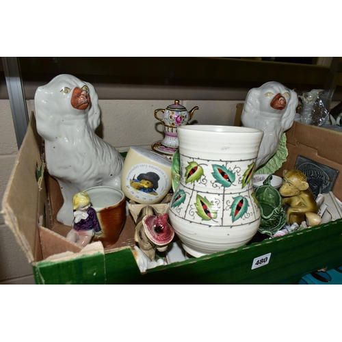 480 - SEVEN BOXES OF CERAMICS AND GLASSWARE, to include a pair of white Staffordshire style spaniels, a Sy... 