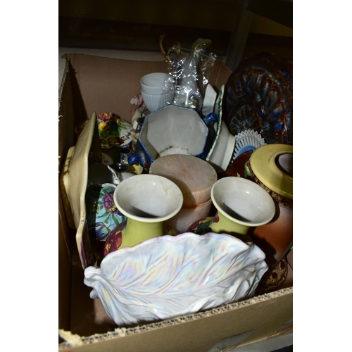 480 - SEVEN BOXES OF CERAMICS AND GLASSWARE, to include a pair of white Staffordshire style spaniels, a Sy... 