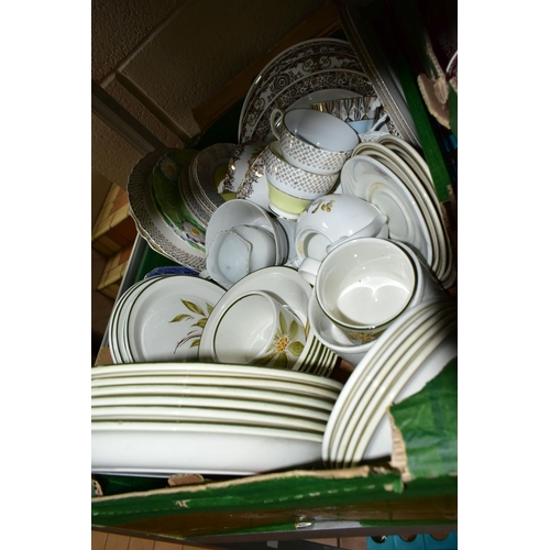 480 - SEVEN BOXES OF CERAMICS AND GLASSWARE, to include a pair of white Staffordshire style spaniels, a Sy... 