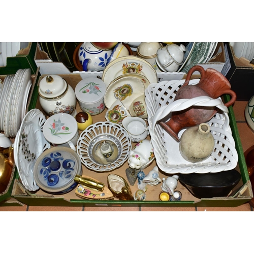 486 - FIVE BOXES OF CERAMICS AND CHINA TEAWARES, to include two trios commemorating the Coronation of Quee... 