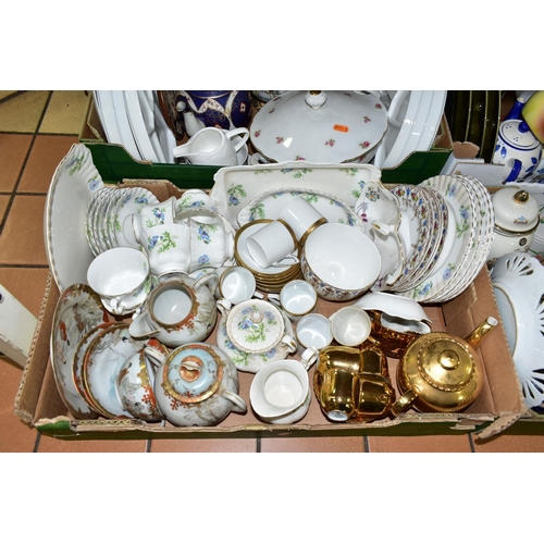 486 - FIVE BOXES OF CERAMICS AND CHINA TEAWARES, to include two trios commemorating the Coronation of Quee... 