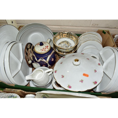 486 - FIVE BOXES OF CERAMICS AND CHINA TEAWARES, to include two trios commemorating the Coronation of Quee... 