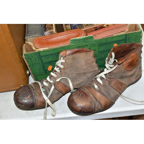 487 - One Box and Loose comprising a vintage Antler suitcase, one pair of vintage leather football boots, ... 