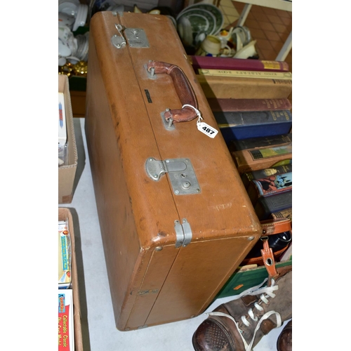 487 - One Box and Loose comprising a vintage Antler suitcase, one pair of vintage leather football boots, ... 