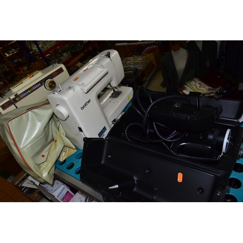 492 - TWO BOXES AND LOOSE SEWING MACHINES, VINTAGE AUDIO-VISUAL EQUIPMENT AND SUNDRY ITEMS, to include a B... 