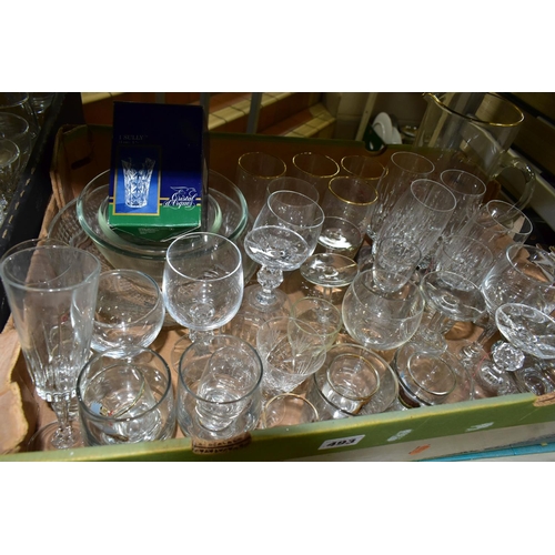 493 - FIVE BOXES OF GLASS WARES, to include a boxed Cristal d'Arques Sully vase height 13cm, a glass dome ... 