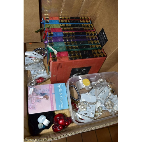 495 - TWO BOXES OF HANDBAGS, JEWELLERY, BOOKS, SOAPS AND SUNDRY ITEMS to include five handbags/evening bag... 