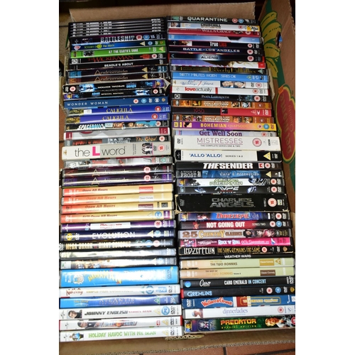 496 - FIVE BOXES OF DVDS AND VHS VIDEO CASSETTE TAPES a collection of approximately 400+ films, T.V. shows... 