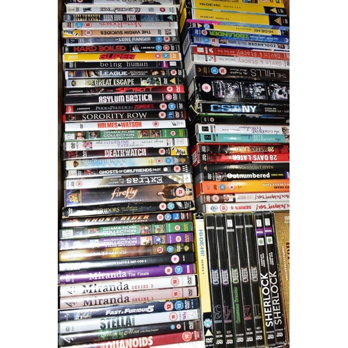 496 - FIVE BOXES OF DVDS AND VHS VIDEO CASSETTE TAPES a collection of approximately 400+ films, T.V. shows... 