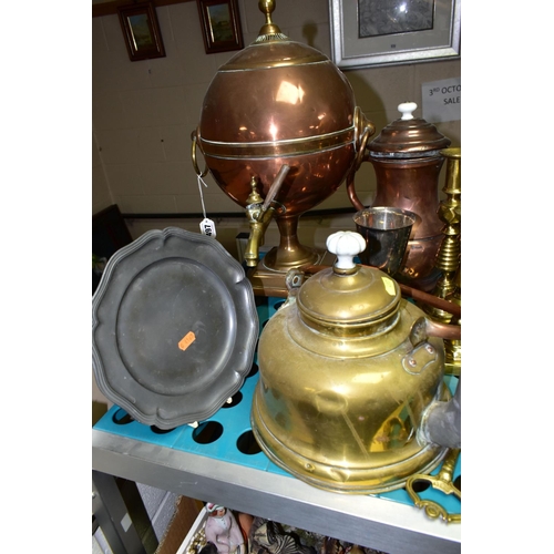 497 - A GROUP OF METALWARES, to include a copper samovar and coffee pot, pewter covered jugs with acorn fi... 