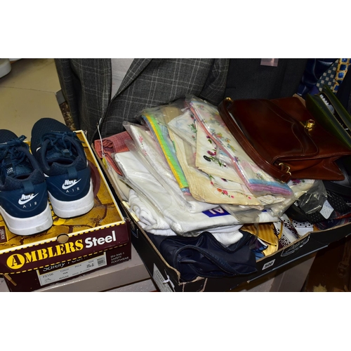 500 - One box and loose of Clothing, Shoes, Ties, Belts, Haberdashery and two Suitcases to include three M... 