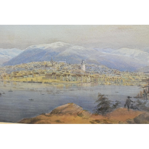 515 - PERCIVAL HART ( 1865-1896) A VIEW ACROSS A BAY TO A VILLAGE BACKED BY SNOW TOPPED HILLS, possibly a ... 