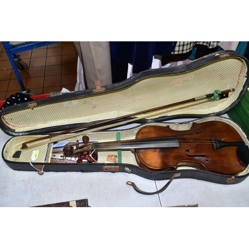 518 - A 'HOPF' BRANDED VIOLIN, with bow and case (both case and instrument require restoration