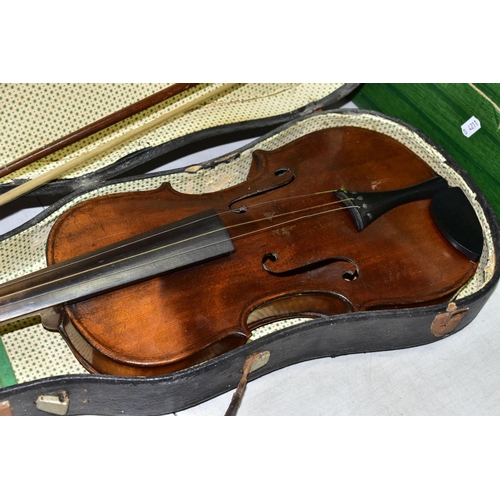 518 - A 'HOPF' BRANDED VIOLIN, with bow and case (both case and instrument require restoration