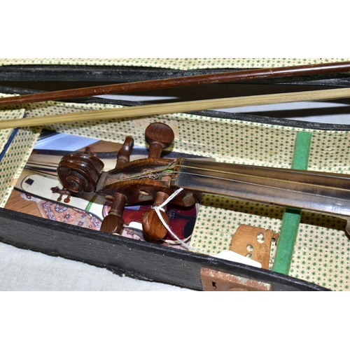 518 - A 'HOPF' BRANDED VIOLIN, with bow and case (both case and instrument require restoration