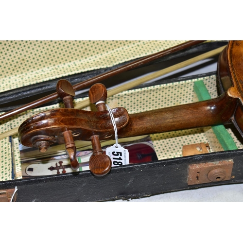 518 - A 'HOPF' BRANDED VIOLIN, with bow and case (both case and instrument require restoration