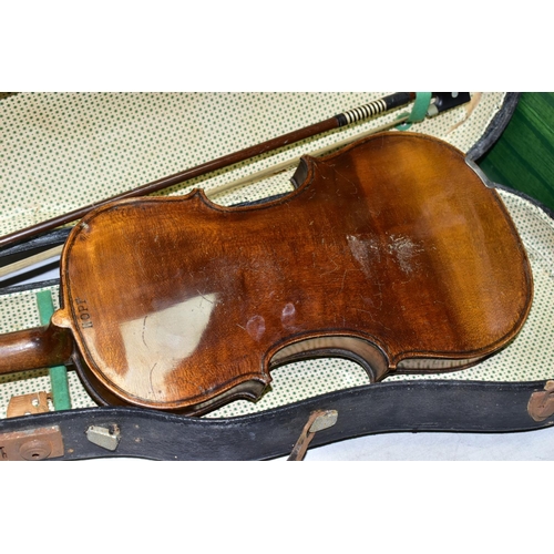 518 - A 'HOPF' BRANDED VIOLIN, with bow and case (both case and instrument require restoration