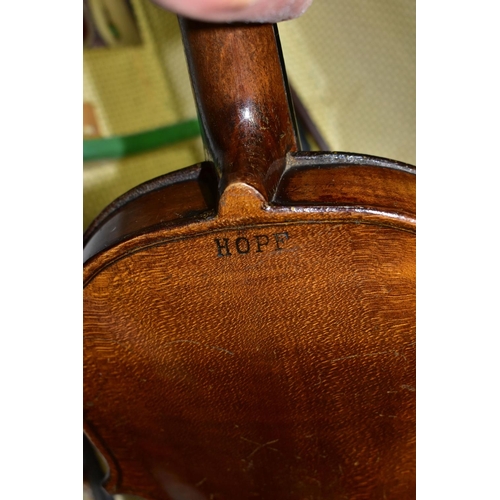 518 - A 'HOPF' BRANDED VIOLIN, with bow and case (both case and instrument require restoration