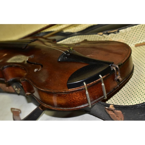 518 - A 'HOPF' BRANDED VIOLIN, with bow and case (both case and instrument require restoration